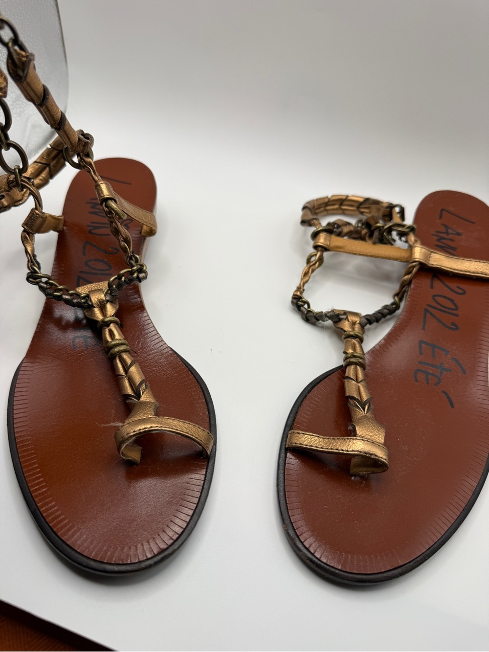 Lanvin Metallic Gold Braided Leather T-Strap Sandals